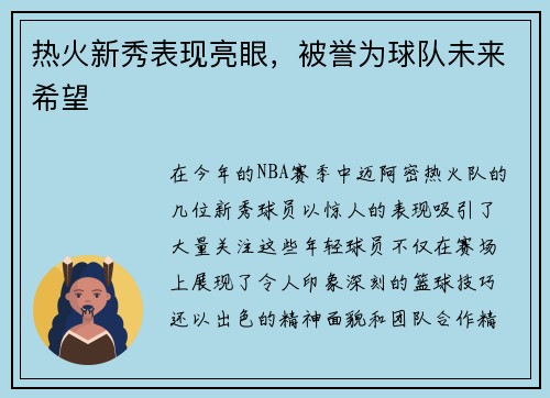 热火新秀表现亮眼，被誉为球队未来希望